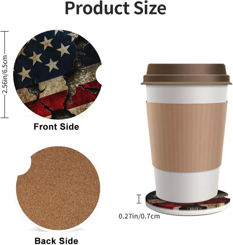 CTVSLFU Absorbent Car Coasters for Cup Holders, 2 Pack Universal Anti Slip Ceramic Cup Coaster for Women Men 2.56 Inch Car Interior Accessories - Vintage American Flag 011 - Image 3